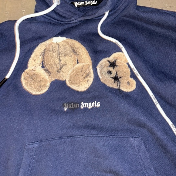 Authentic Palm Angels Navy Blue Spray Bear Hoodie Size L - Picture 2 of 6